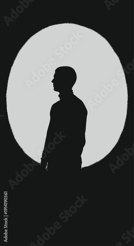 Man Silhouette Standing in Gray Circle on Black Background