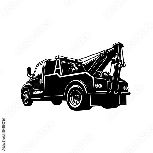 Tow Truck Wrecker Pickup, Black and White Vehicle Recovery Vector Illustration