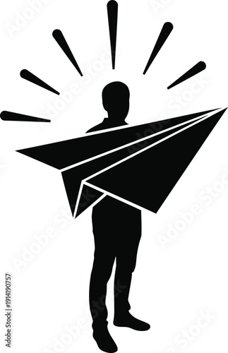 Silhouette of a person holding a paper airplane with radiating lines, symbolizing creativity, new ideas, innovation, and launch in a simple vector graphic.
