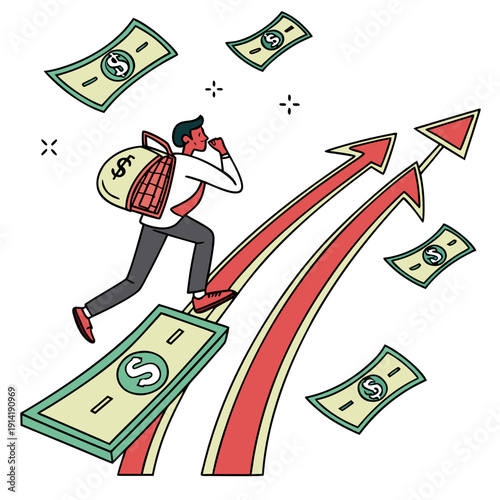 Cartoon man running up money arrow