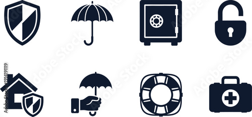 Security and protection icon set including shield umbrella lock safe first aid and more for safety and insurance concepts