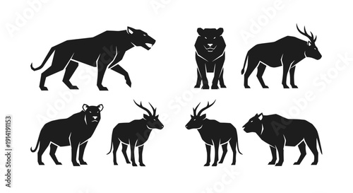 Black silhouettes of lion, deer, and animal on white background