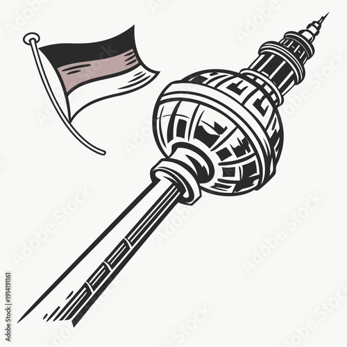 Berlin Television Tower with Flag black and white iconic
