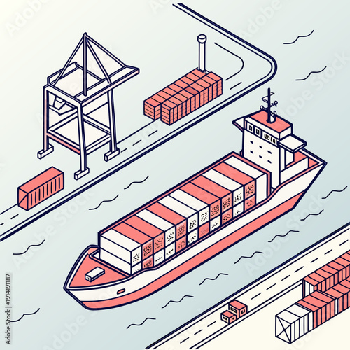 Cargo ship transporting containers on water with gantry crane loading containers on dock