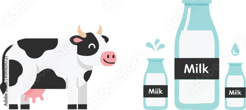 A black and white cow stands next to several bottles of milk, some with splashes and drips