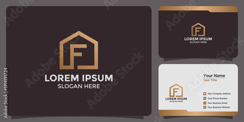 Elegant F Letter Home Logo Design and Business Card Mockup with Gold Accents on Dark Background