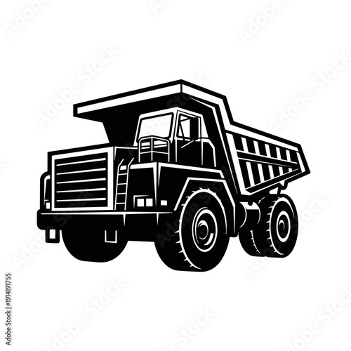 Dump Truck Construction Vehicle, Black and White Heavy Equipment Vector Illustration