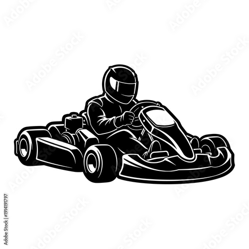 Go Kart Racing Driver, Black and White Karting Vehicle Vector Illustration