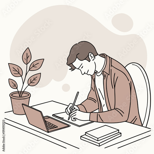 Man with a gratitude journal at a wooden desk, capturing moments of reflection and promoting inner peace and self-care.