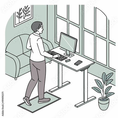Remote worker in a modern home office, utilizing a standing desk setup for a healthy and productive work-from-home lifestyle.