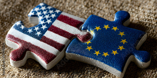 Close up of interlocking USA and European Union flag puzzle pieces symbolizing political partnership, transatlantic relations and international cooperation.
