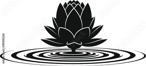 Silhouette of a lotus flower floating on rippling water, symbolizing peace, tranquility, mindfulness, and spirituality in a clean vector illustration.