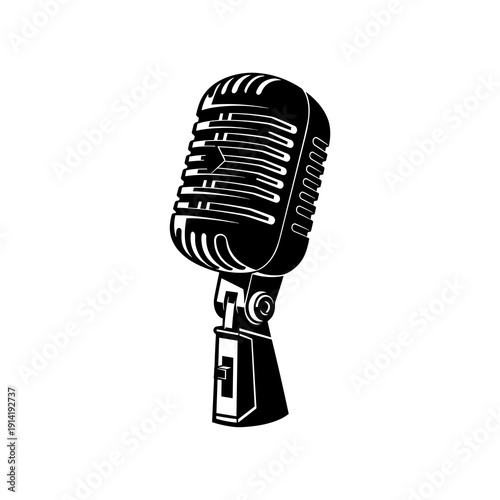 Black and white retro microphone vector icon, vintage studio radio mic silhouette illustration