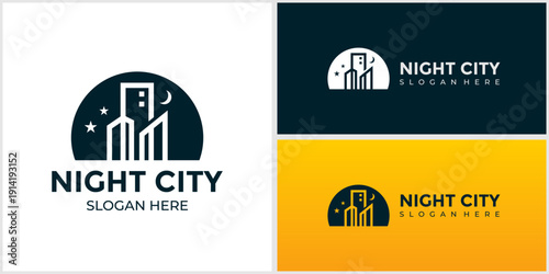 Modern Night Cityscape Logo Design Vector Illustration Featuring Abstract Buildings and Starry Sky Elements Ideal for Urban Development and Real Estate Branding
