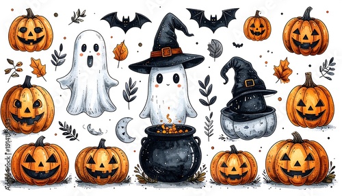 Spooky Halloween illustration featuring pumpkins, ghosts, bats, witch hats, and leaves in an watercolor style