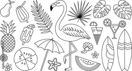 Tropical summer beach icons set with black line art flamingo surfboard pineapple monstera leaf popsicle and tropical vacation elements,