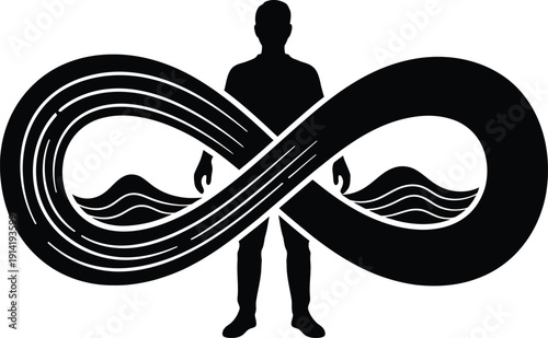 Silhouette of a person standing within an infinity symbol formed by waves, representing eternal life and continuous flow.