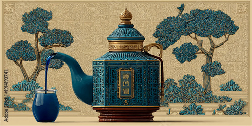 A whimsical teapot with a pagoda hat surrounded by blue elephants and trees