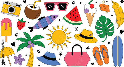 Tropical summer beach icons set with black line art flamingo surfboard pineapple monstera leaf popsicle and vacation graphic elements,