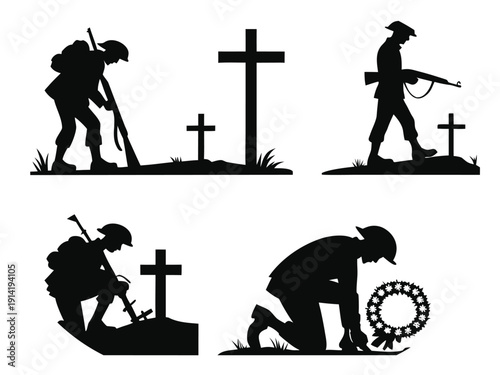 Silhouette Soldiers Remembering Fallen Comrades At Graves With Crosses military remembrance