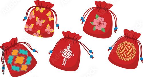 Detailed traditional red lucky pouches collection with intricate butterfly floral and knotted patterns for Asian festivals and cultural celebrations,