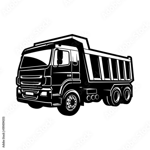 Black and white vector dump truck silhouette, heavy duty tipper construction vehicle illustration icon