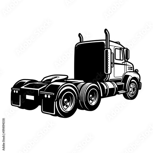 Black and white vector semi truck tractor rear view, heavy duty big rig cab silhouette illustration