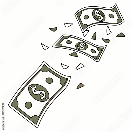 Cartoon dollar bills falling with fragments money green
