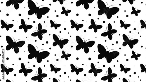 Seamless black and white butterfly pattern with scattered polka dots for textile printing wallpaper background and elegant surface design,