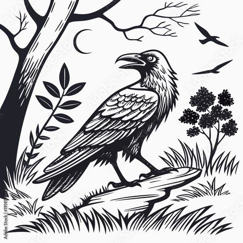 Black and white of a crow standing on a log bird tree