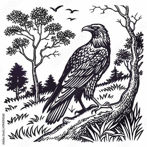 Black and white of eagle on tree stump in forest bird