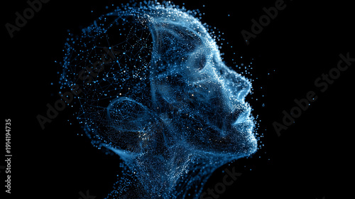 blue digital particles form the profile of an ai head on a black background, symbolizing artificial intelligence and technology