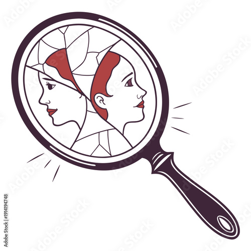 Broken mirror reflecting two women faces side by side