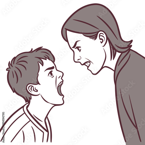 Angry mother and son shouting at each other arguing