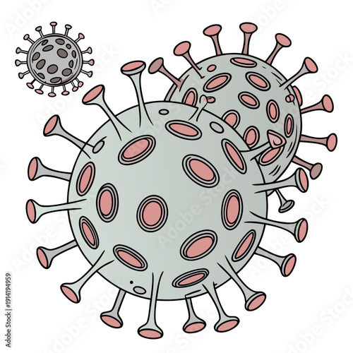 Cartoon of viruses with pink protrusions gray white background