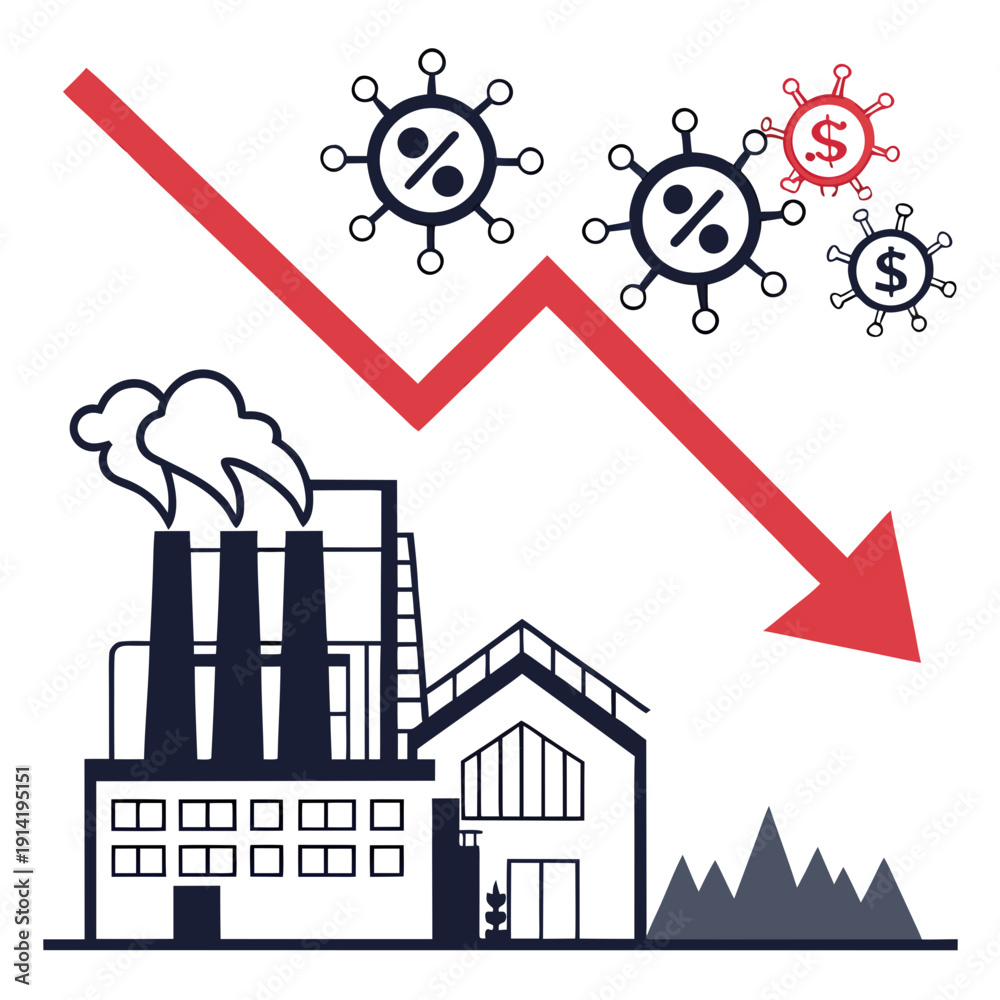 Obraz premium Factory with smoke and virus symbols and downward arrow