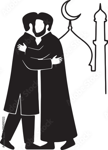 Two Muslim men embracing warmly, celebrating Eid al-Fitr or other Islamic festival, mosque in background.