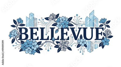Bellevue city text with floral and tech elements vector illustration