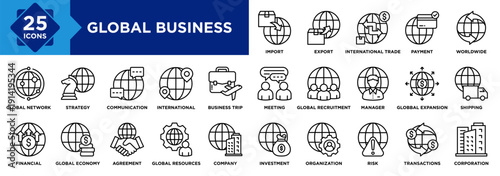 Global Business icon set. Containing design International Trade, Import, Export, Global Economy, Worldwide, Global Network