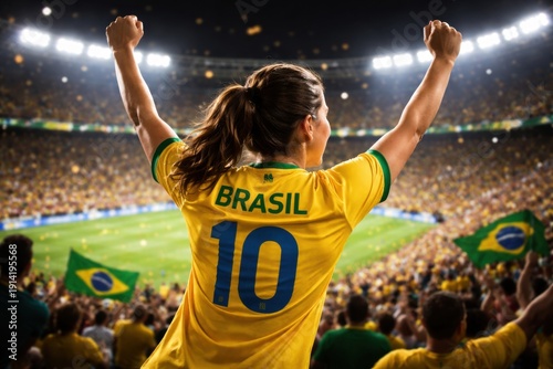Brazilian Female Football Fan Celebrate in Stadium
