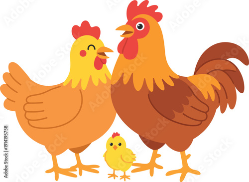 A cartoon illustration of a rooster, hen, and chick standing together in a heartwarming family scene.