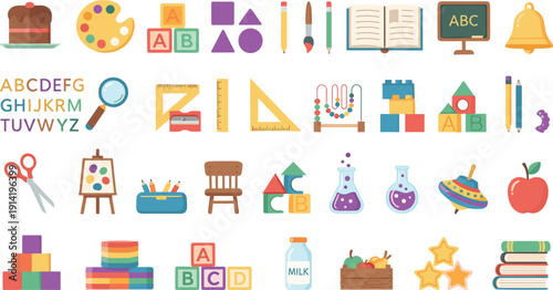Preschool Education and Kids Learning Illustration Set with Alphabet, Numbers, Art Supplies, Toys, Science Tools, and Classroom Objects