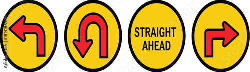 Set of Yellow Road Direction Icons with Red Arrows Showing Left Turn U-Turn Straight Ahead and Right Turn for Traffic Navigation and Transportation Apps