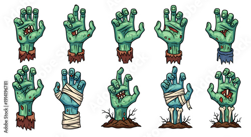 Creepy collection of ten diverse cartoon zombie hands reaching out from the ground in various states of decay and decomposition