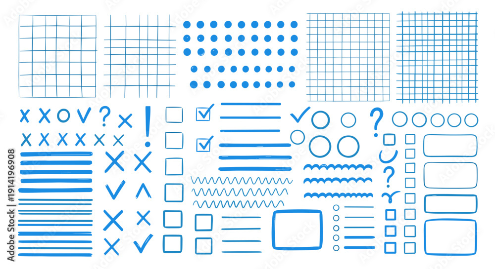 Fototapeta premium Collection of blue hand drawn graphic elements including grids checkmarks crosses lines circles and squares for design