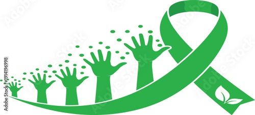 Green Awareness Ribbon Vector Design Featuring Reaching Helping Hands and Nature Leaves for Mental Health Support Environmental Causes and Community Wellness Campaigns