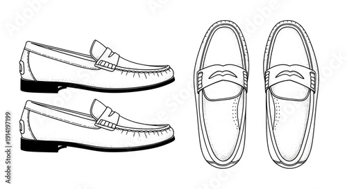 Classic leather loafers for men presented in a detailed line drawing from side and top views showcasing elegant footwear
