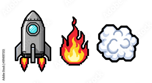 Pixel art retro spaceship launching with vibrant fire exhaust and a cloud of smoke symbolizing space exploration adventure