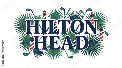 Hilton Head vacation logo with golf clubs and lighthouses vector illustration