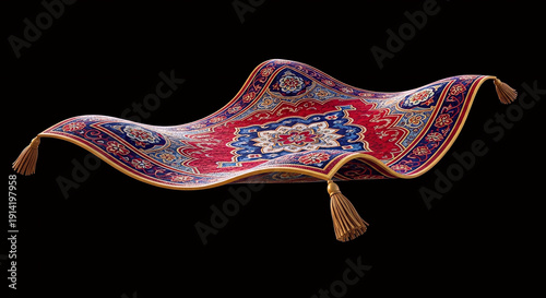 Vibrant aladdin magic carpet, adorned with intricate patterns and golden tassels, gracefully whisks through dark, symbolizing fantastical journeys and ancient wonder
